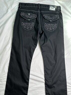 Mondo Jeans Mens Black 36x34 (36x33) Gothic Rock Punk White Stitching Embroider